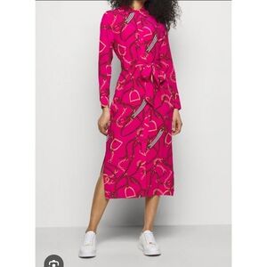 Lauren Ralph Lauren 100% Silk Chain Print Belted Tie Waist Maxi Shirt Dress 18